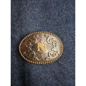 Nocona Letter N Initial Silver & Gold Western Belt Buckle - Excellent